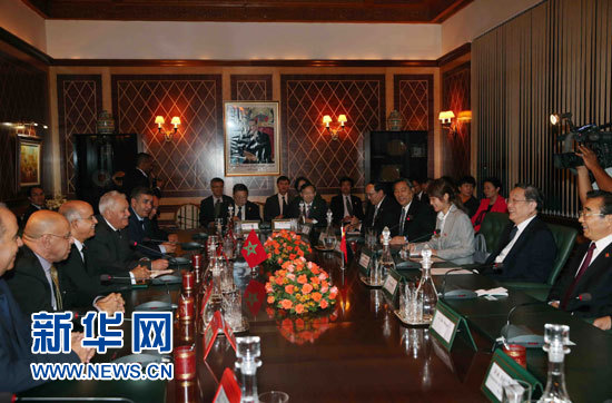 11月3日，中國全國政協主席俞正聲在拉巴特與摩洛哥參議長比亞迪拉進行會談。 新華社記者 劉衛兵 攝