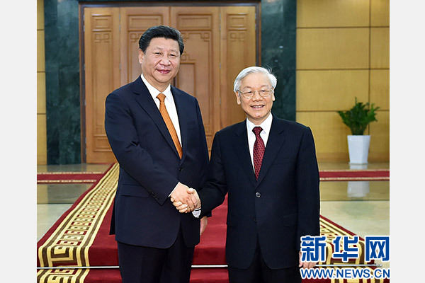 11月5日，中共中央總書記、國家主席習近平在河內同越共中央總書記阮富仲舉行會談。 新華社記者李濤攝